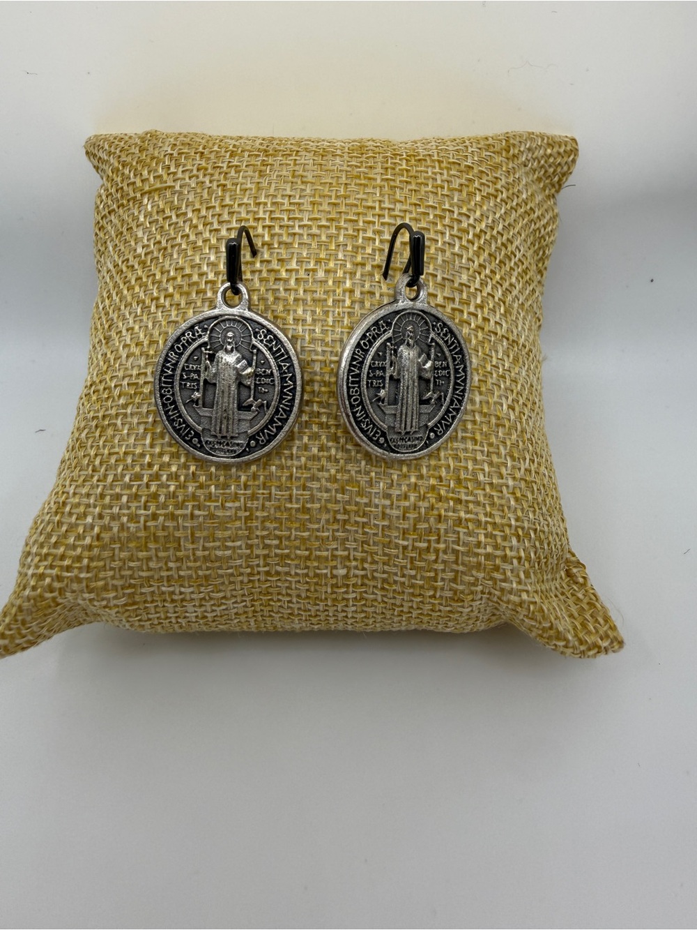 Saint Benedict Medal Drop Earrings in Silver